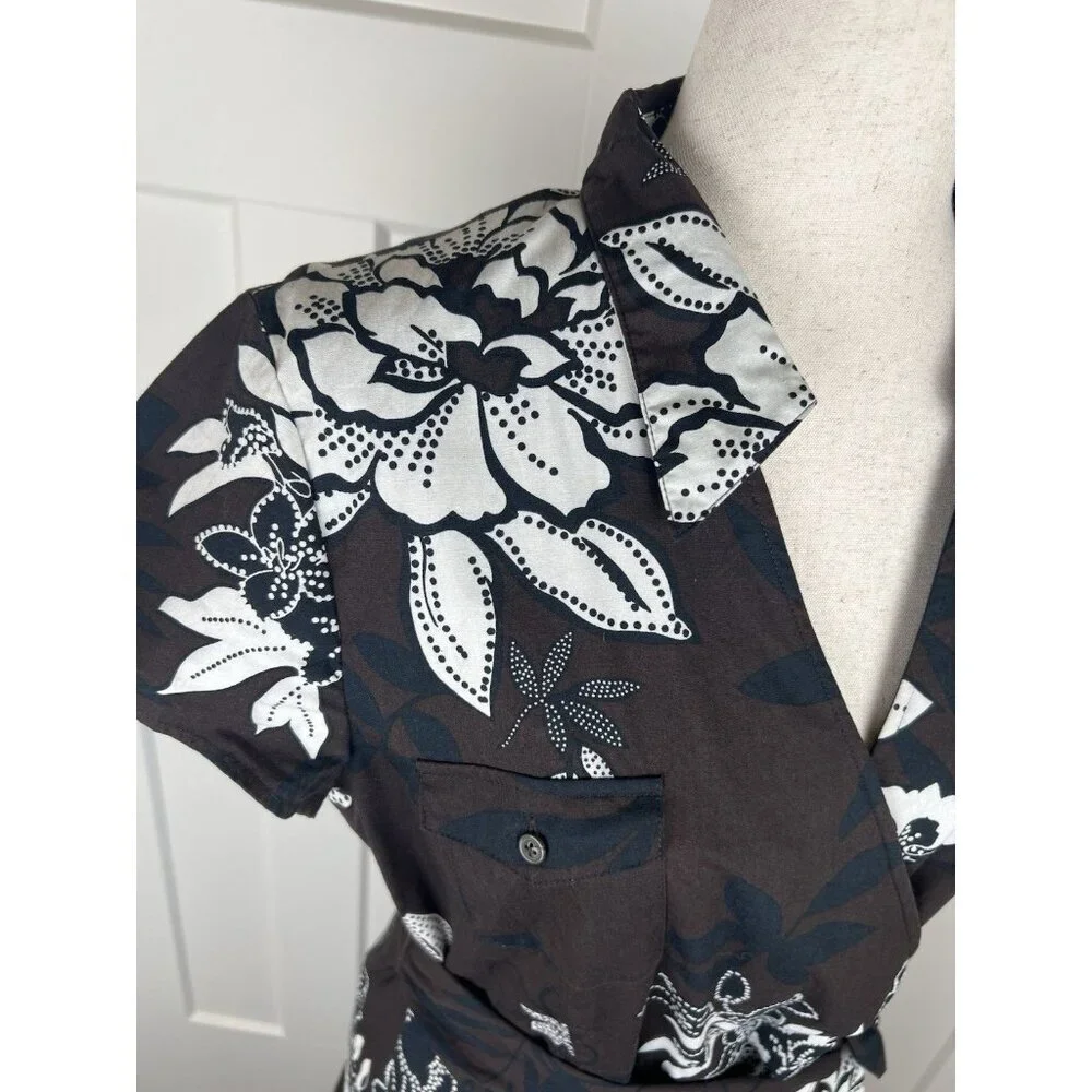 Talbots Fit & Flare Dress 12 Brown Cream Floral Faux Wrap Belted Midi - Picture 9 of 10